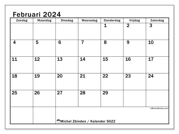 Kalender om af te drukken, februari 2024, 50ZZ