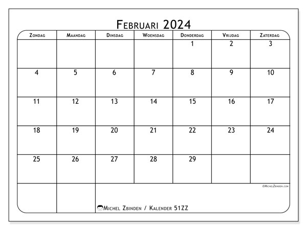 Kalender februari 2024 “51”. Gratis printbare kaart.. Zondag tot zaterdag