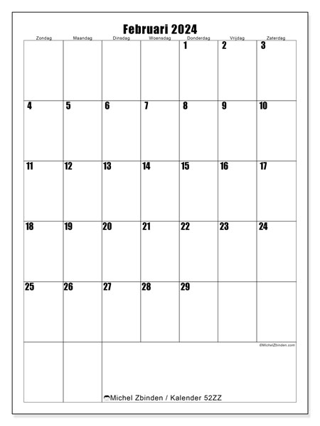 Kalender februari 2024 “52”. Gratis afdrukbare kalender.. Zondag tot zaterdag