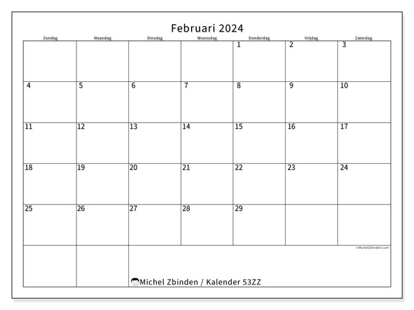 Kalender om af te drukken, februari 2024, 53ZZ