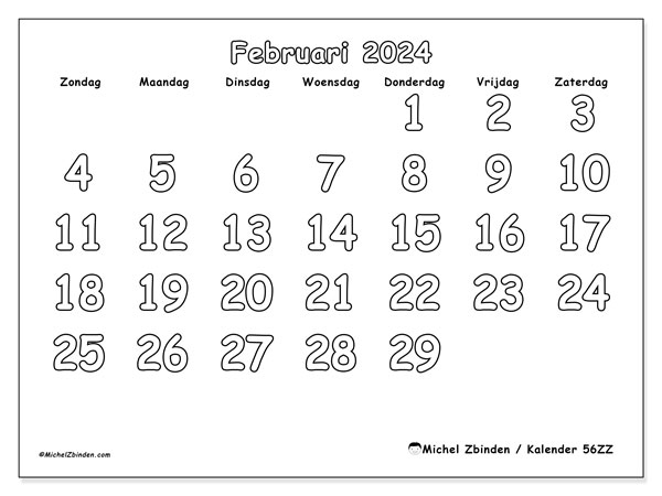 Kalender februari 2024 “56”. Gratis afdrukbaar programma.. Zondag tot zaterdag