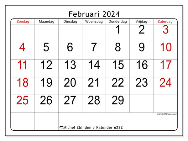 Kalender februari 2024 “62”. Gratis afdrukbare kalender.. Zondag tot zaterdag