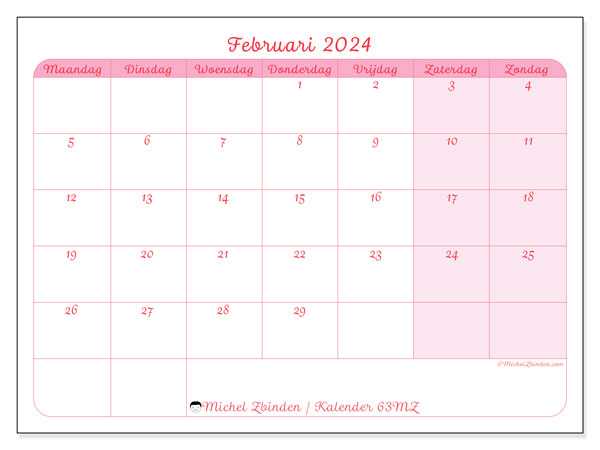 Kalender februari 2024, 63ZZ. Gratis afdrukbaar programma.