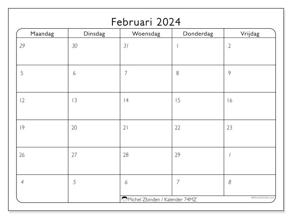 Kalender februari 2024, 74ZZ. Gratis afdrukbaar programma.