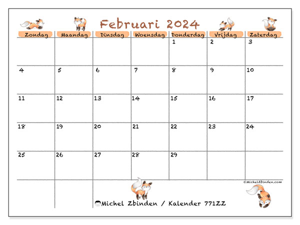 Kalender om af te drukken, februari 2024, 771ZZ