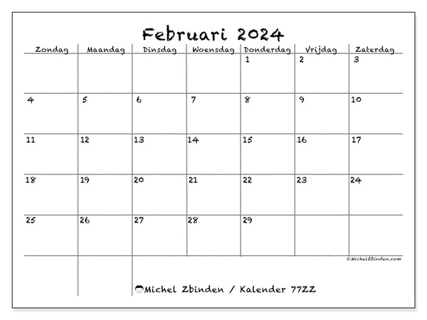 Kalender februari 2024 “77”. Gratis printbaar schema.. Zondag tot zaterdag