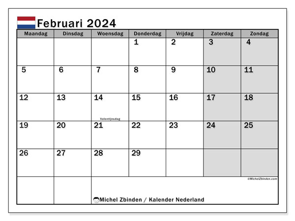 Calendrier février 2024, Pays-Bas (NL), prêt à imprimer et gratuit.