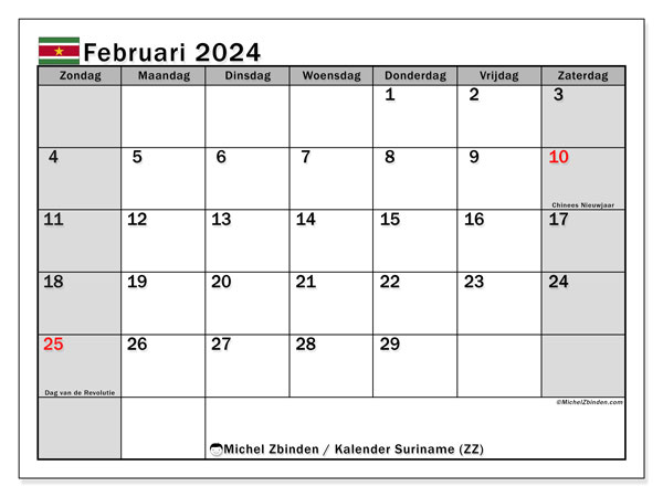 Kalender Februar 2024 “Suriname”. Kalender zum Ausdrucken kostenlos.. Sonntag bis Samstag