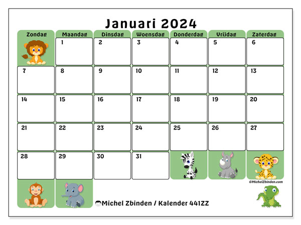 Kalender januari 2024 “441”. Gratis afdrukbaar programma.. Zondag tot zaterdag