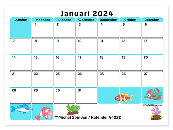 Kalender januari 2024 “442”. Gratis af te drukken agenda.. Zondag tot zaterdag