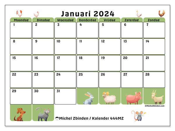 Kalender januari 2024 “444”. Gratis printbaar schema.. Maandag tot zondag