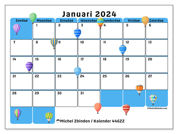 Kalender januari 2024 “446”. Gratis af te drukken agenda.. Zondag tot zaterdag