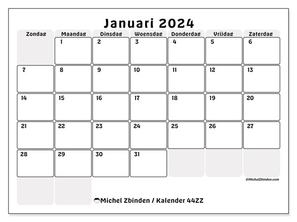 Kalender januari 2024 “44”. Gratis afdrukbare kalender.. Zondag tot zaterdag
