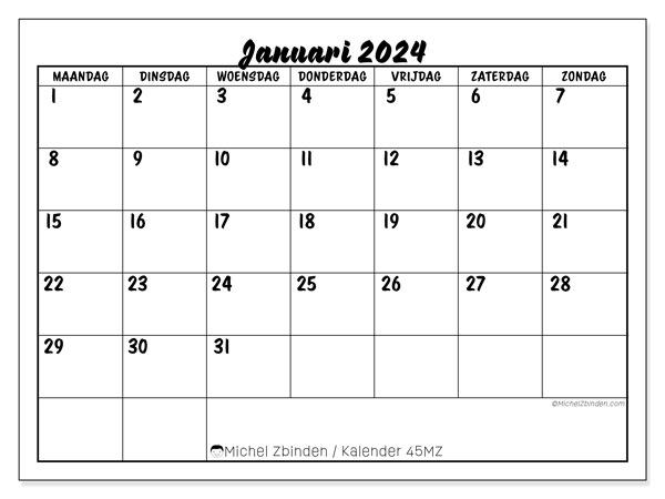 Kalender januari 2024, 45ZZ. Gratis afdrukbare kalender.