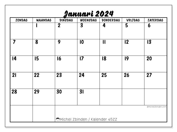 Kalender januari 2024 “45”. Gratis afdrukbare kalender.. Zondag tot zaterdag