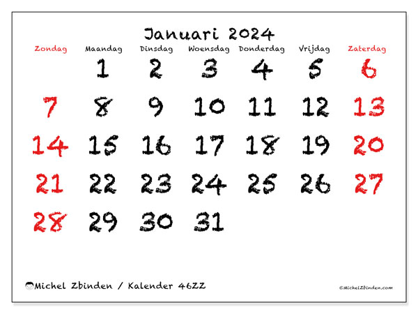 Kalender januari 2024 “46”. Gratis af te drukken agenda.. Zondag tot zaterdag