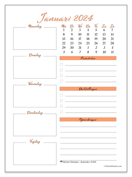 Kalender januari 2024 “47”. Gratis printbaar schema.. Maandag tot zondag