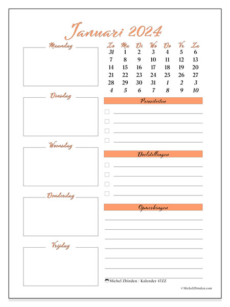 Kalender januari 2024 “47”. Gratis printbaar schema.. Zondag tot zaterdag