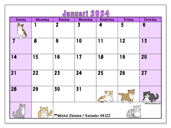 Kalender januari 2024 “481”. Gratis af te drukken agenda.. Zondag tot zaterdag