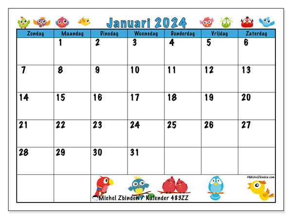 Kalender om af te drukken, januari 2024, 483ZZ