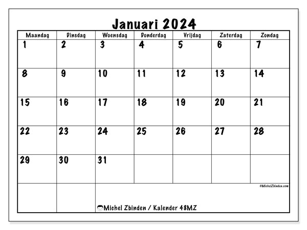Kalender januari 2024 “48”. Gratis printbare kaart.. Maandag tot zondag