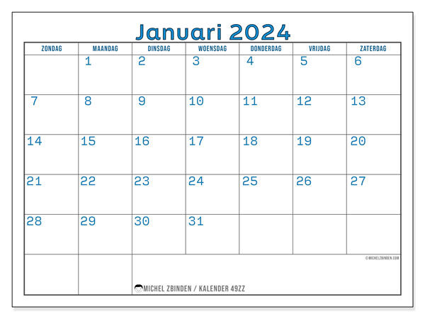 Kalender januari 2024 “49”. Gratis afdrukbaar programma.. Zondag tot zaterdag