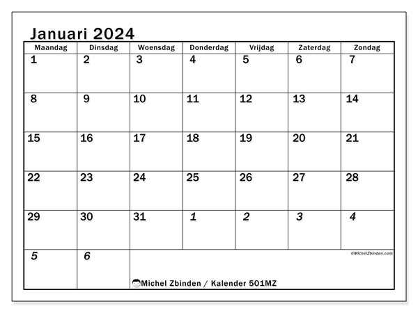 Kalender januari 2024 “501”. Gratis af te drukken agenda.. Maandag tot zondag