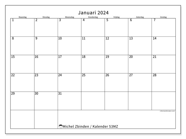 Kalender januari 2024, 53ZZ. Gratis af te drukken agenda.