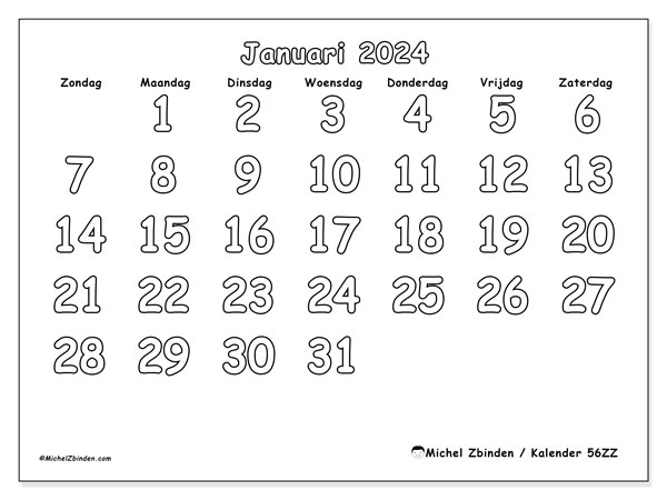 Kalender januari 2024 “56”. Gratis printbare kaart.. Zondag tot zaterdag