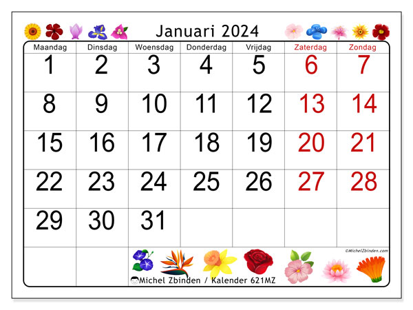 Kalender om af te drukken, januari 2024, 621MZ