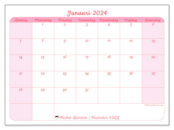 Kalender januari 2024 “63”. Gratis af te drukken agenda.. Zondag tot zaterdag