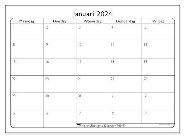 Kalender januari 2024 “74”. Gratis afdrukbaar programma.. Maandag tot vrijdag
