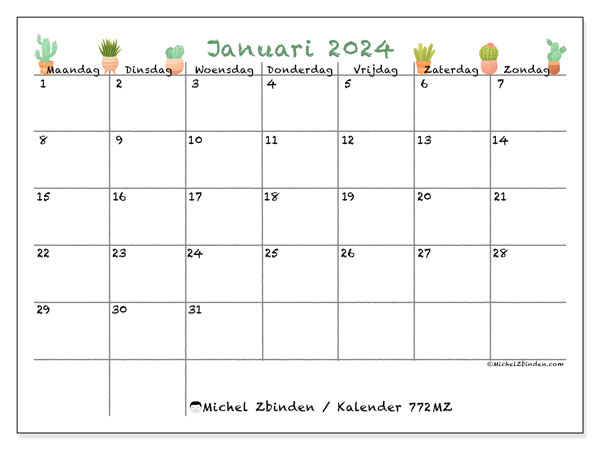 Kalender om af te drukken, januari 2024, 772MZ