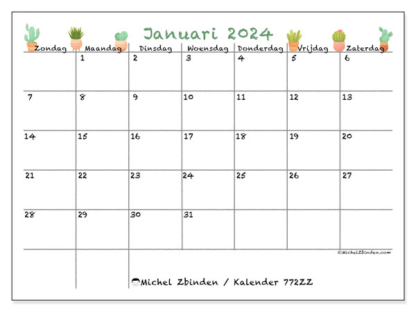 Kalender januari 2024, 772ZZ. Gratis afdrukbare kalender.