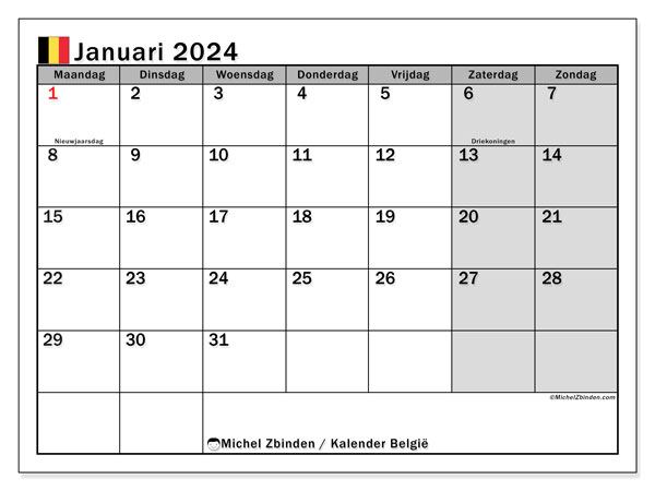 Kalender Januar 2024 “Belgien (NL)”. Programm zum Ausdrucken kostenlos.. Montag bis Sonntag