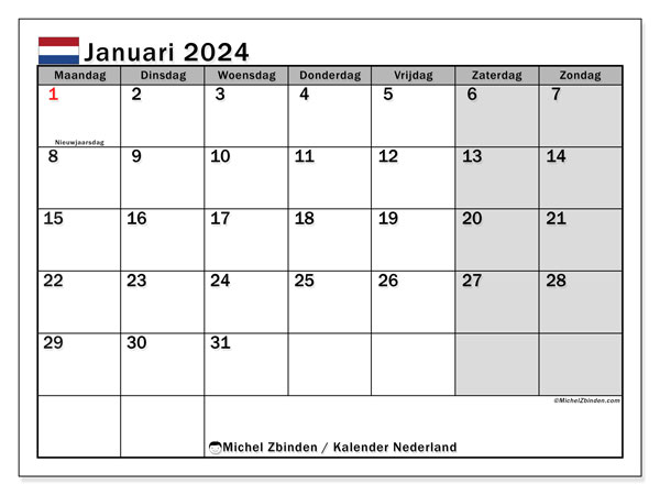 Kalender Januar 2024 “Niederlande”. Plan zum Ausdrucken kostenlos.. Montag bis Sonntag