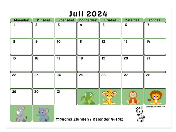 Kalender juli 2024, 441ZZ. Gratis afdrukbare kalender.