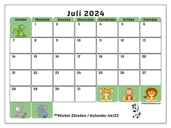 Kalender juli 2024 “441”. Gratis printbare kaart.. Zondag tot zaterdag