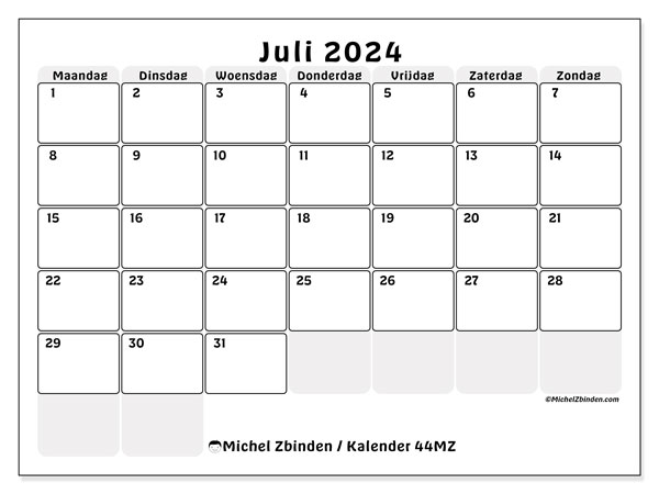Kalender juli 2024 “44”. Gratis printbaar schema.. Maandag tot zondag
