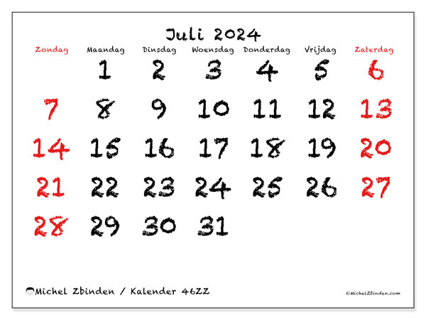 Kalender juli 2024 “46”. Gratis afdrukbaar programma.. Zondag tot zaterdag