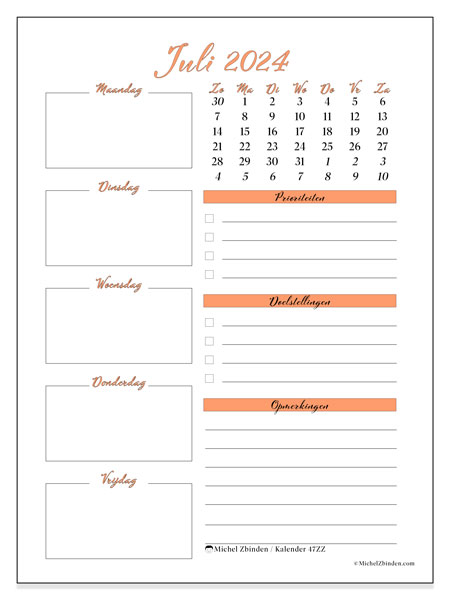 Kalender juli 2024 “47”. Gratis afdrukbare kalender.. Zondag tot zaterdag