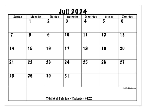 Kalender juli 2024 “48”. Gratis afdrukbare kalender.. Zondag tot zaterdag