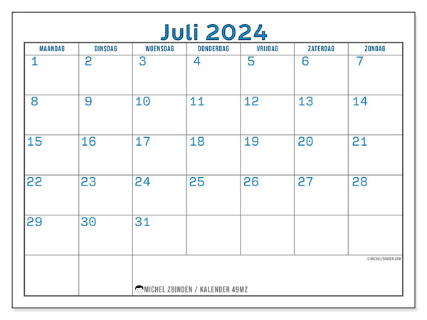 Kalender juli 2024 “49”. Gratis af te drukken agenda.. Maandag tot zondag