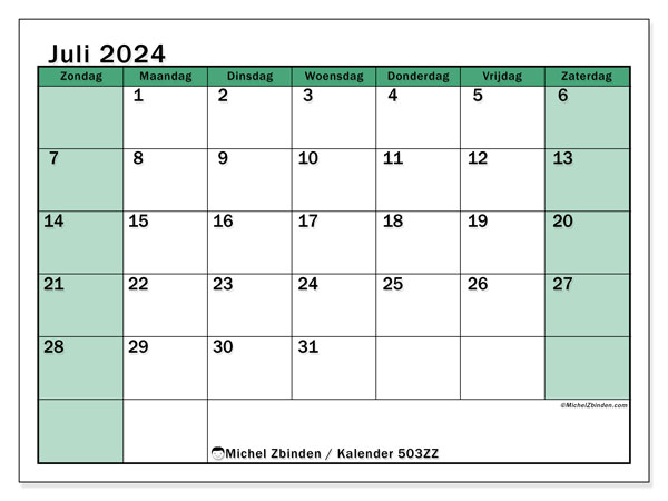 Kalender juli 2024 “503”. Gratis afdrukbare kalender.. Zondag tot zaterdag