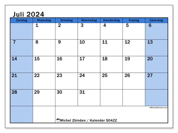 Kalender juli 2024 “504”. Gratis af te drukken agenda.. Zondag tot zaterdag