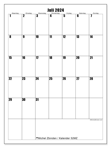 Kalender juli 2024 “52”. Gratis printbare kaart.. Maandag tot zondag