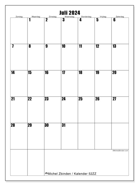 Kalender juli 2024 “52”. Gratis printbare kaart.. Zondag tot zaterdag