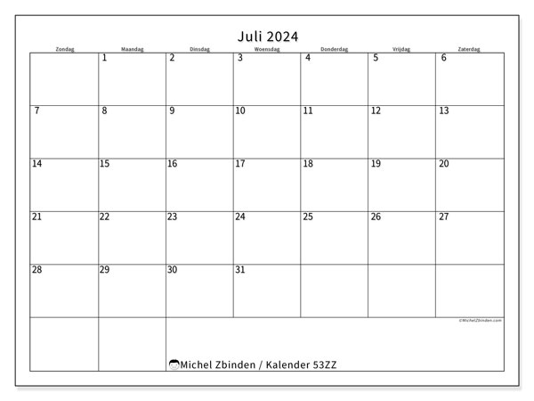 Kalender juli 2024 “53”. Gratis printbare kaart.. Zondag tot zaterdag
