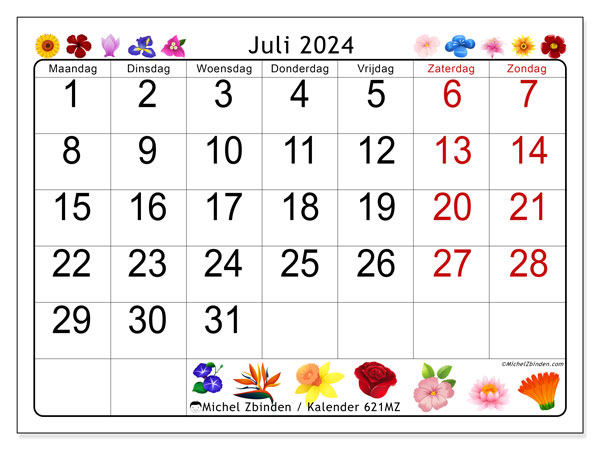 Kalender juli 2024, 621MZ. Gratis afdrukbare kalender.