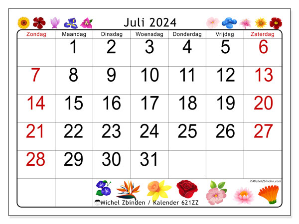 Kalender juli 2024 “621”. Gratis af te drukken agenda.. Zondag tot zaterdag